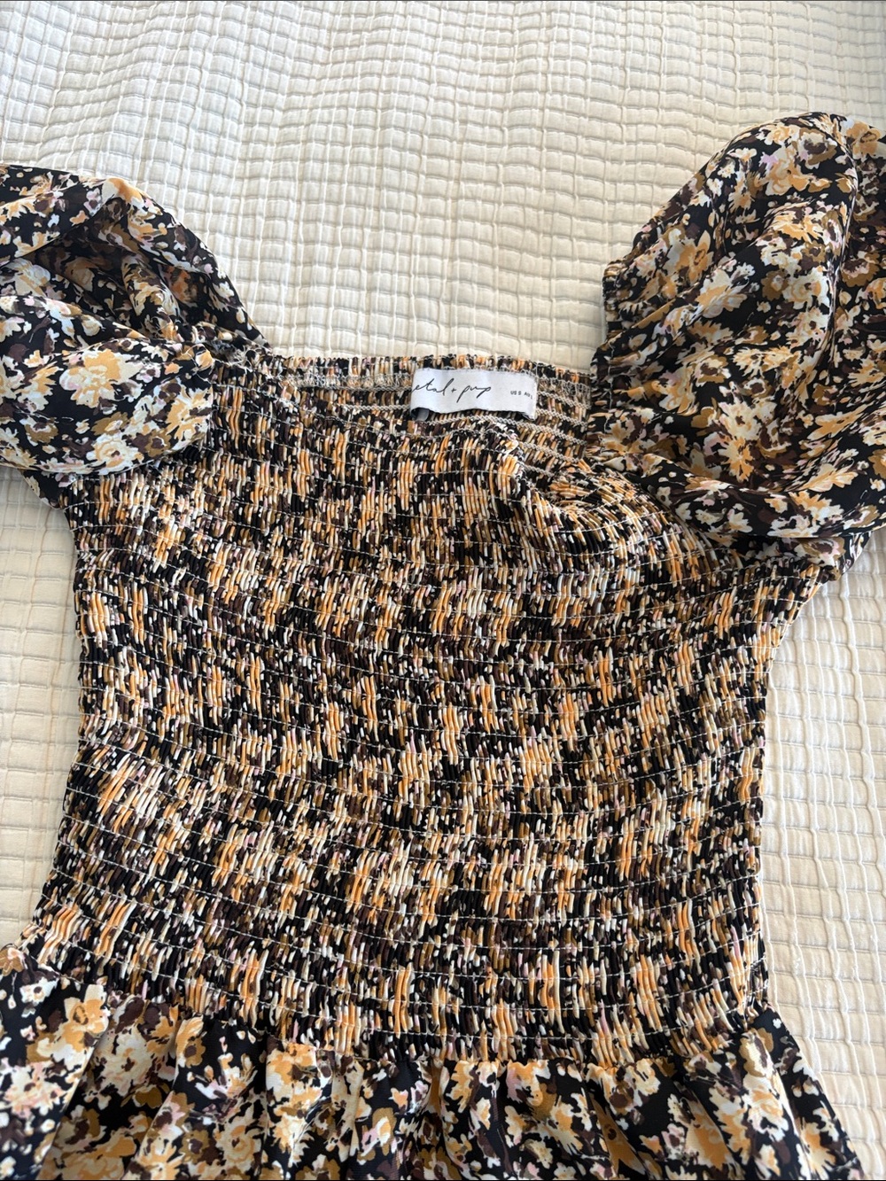 Petal & Pup Black Floral Smocked Puff Sleeve Jumpsuit - Mustard & Cream Accents